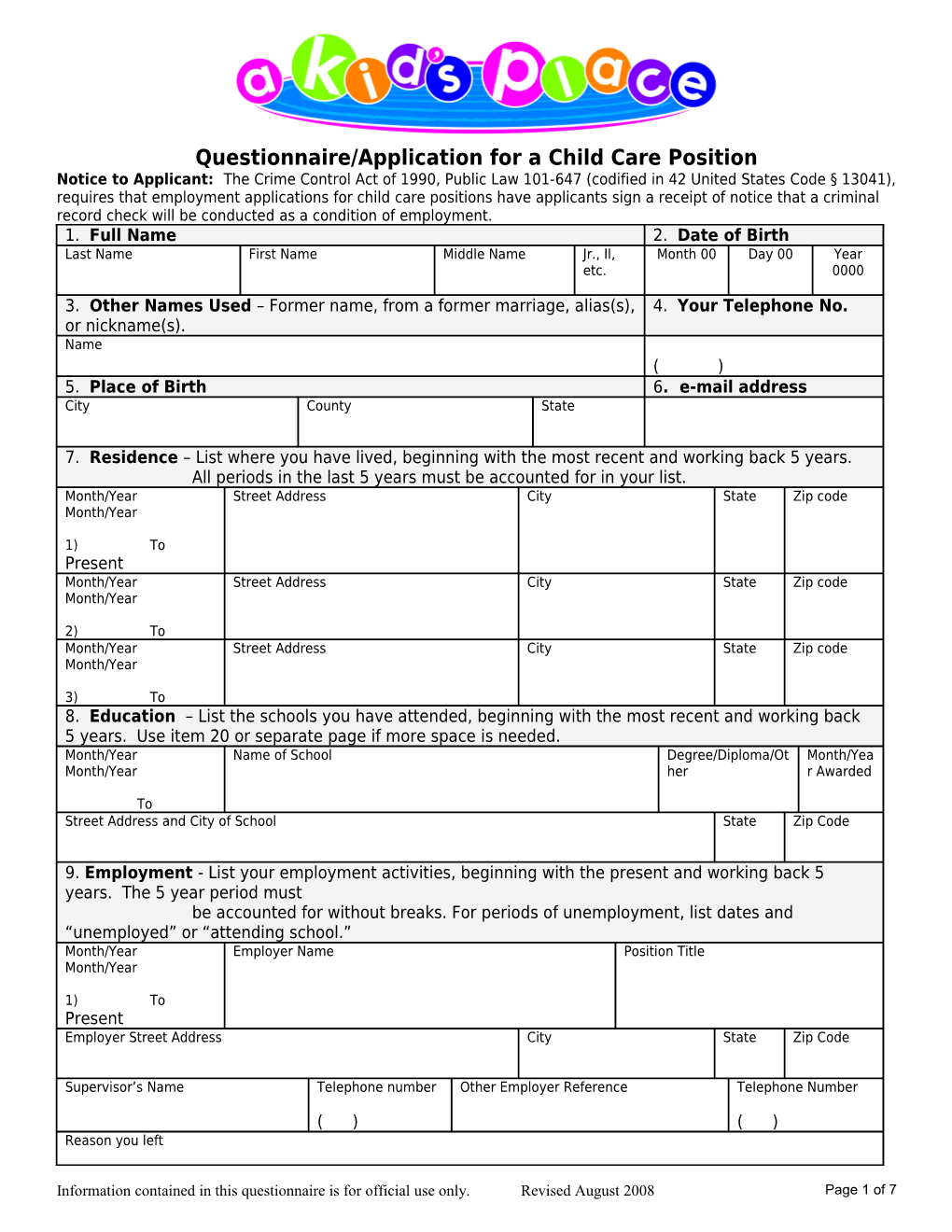 Questionnaire/Application for a Child Care Position