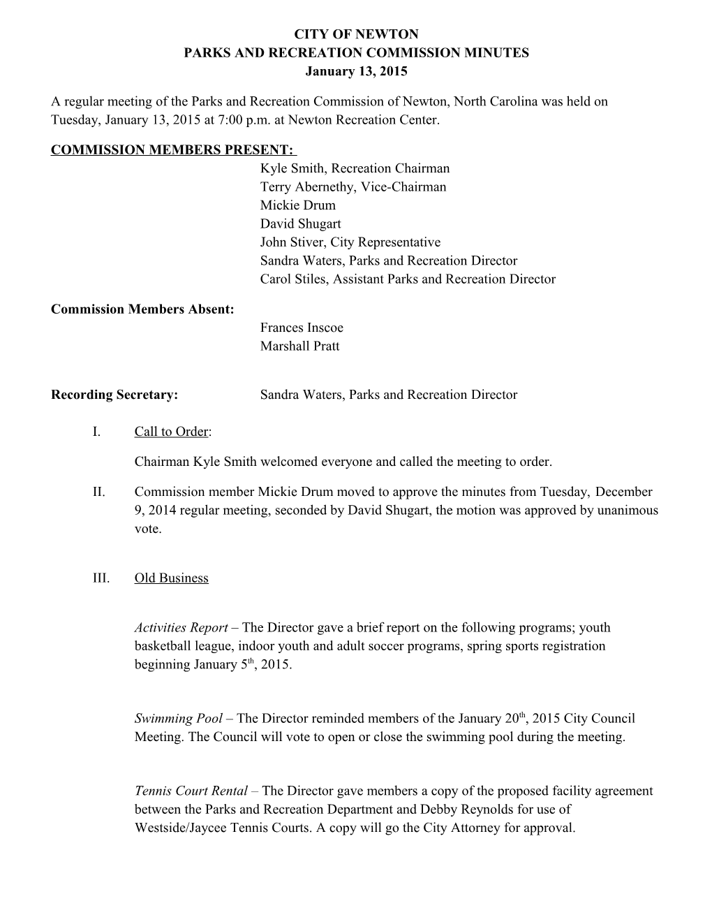 City of Newton Parks and Recreation Commission Minutes January 13, 2015