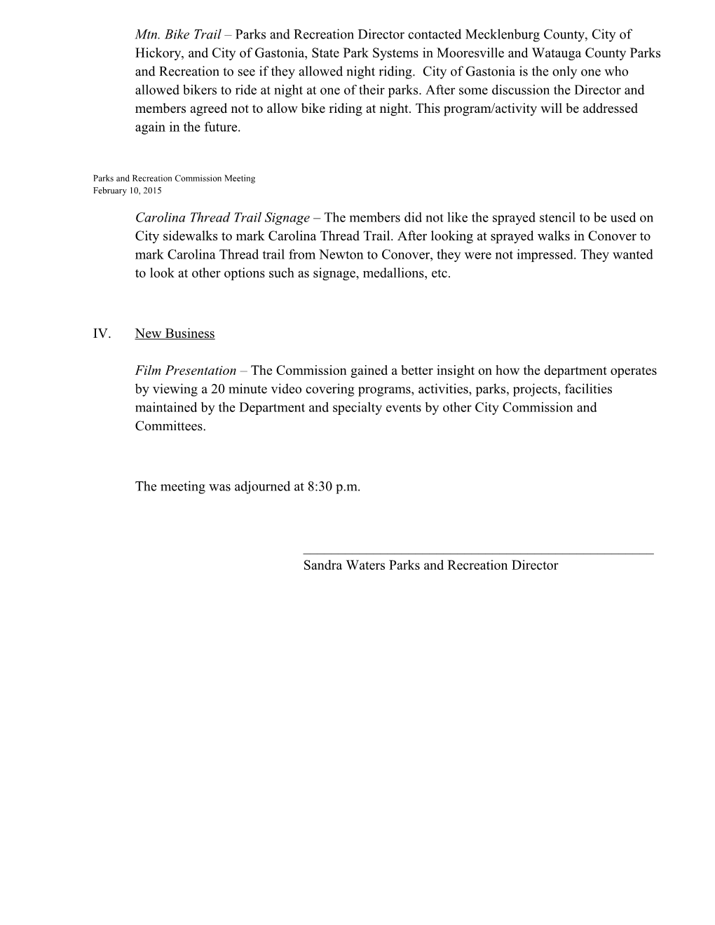 City of Newton Parks and Recreation Commission Minutes January 13, 2015
