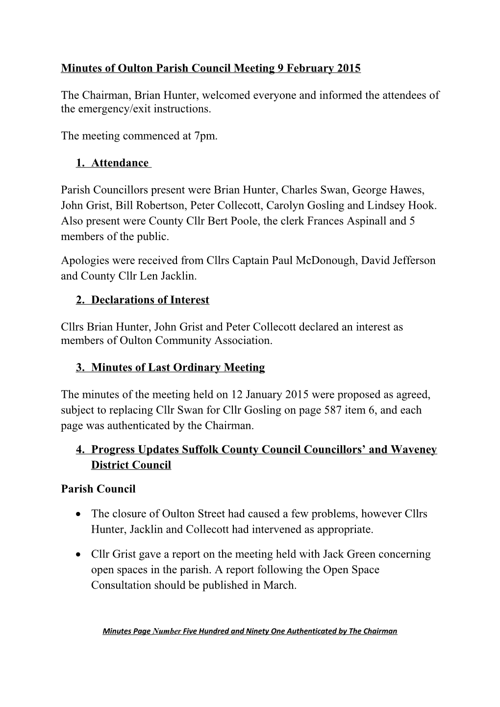 Minutes of Oulton Parish Council Meeting 9 February 2015