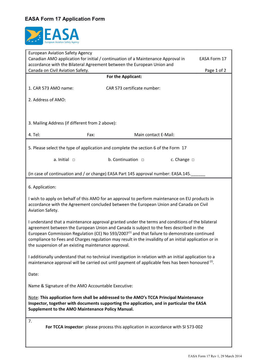 EASA Form17 Application Form