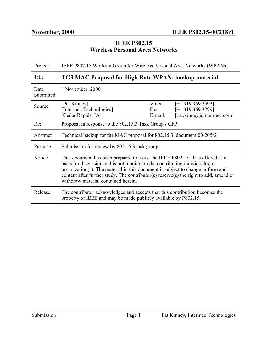 TG3 MAC Proposal for High Rate WPAN: Backup Material