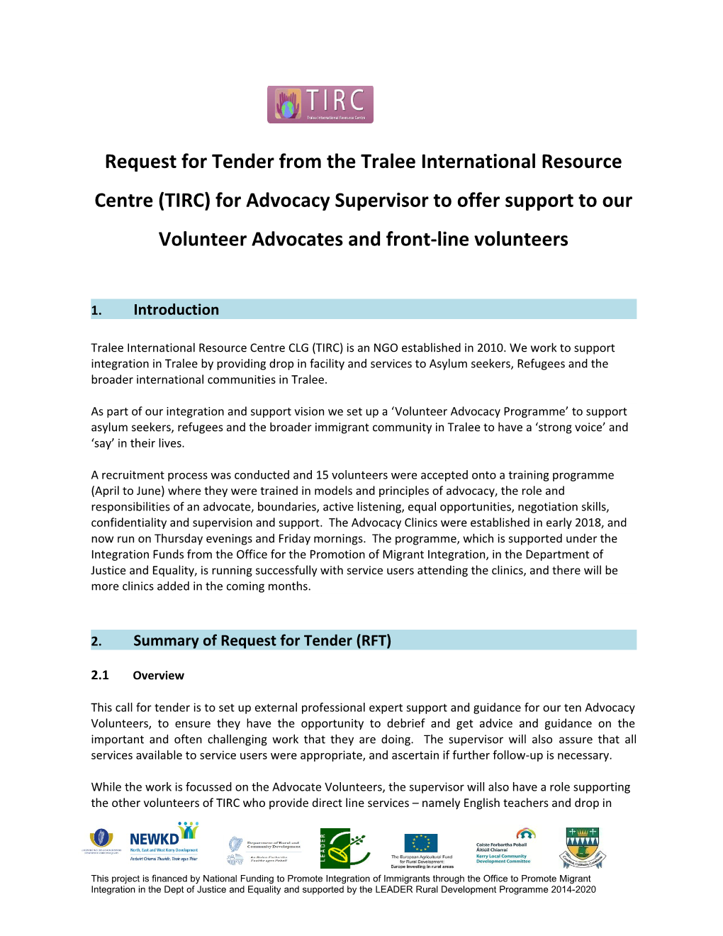 Request for Tender from the Tralee International Resource Centre (TIRC) for Advocacy