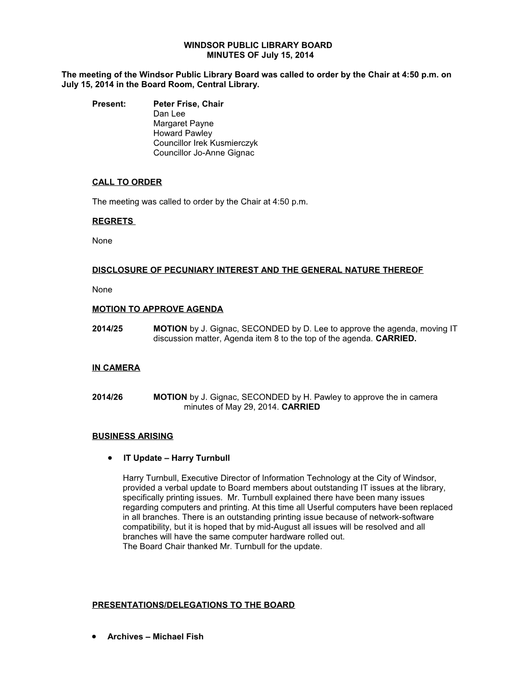 Windsor Public Library Board Meeting Minutes July 15, 2014