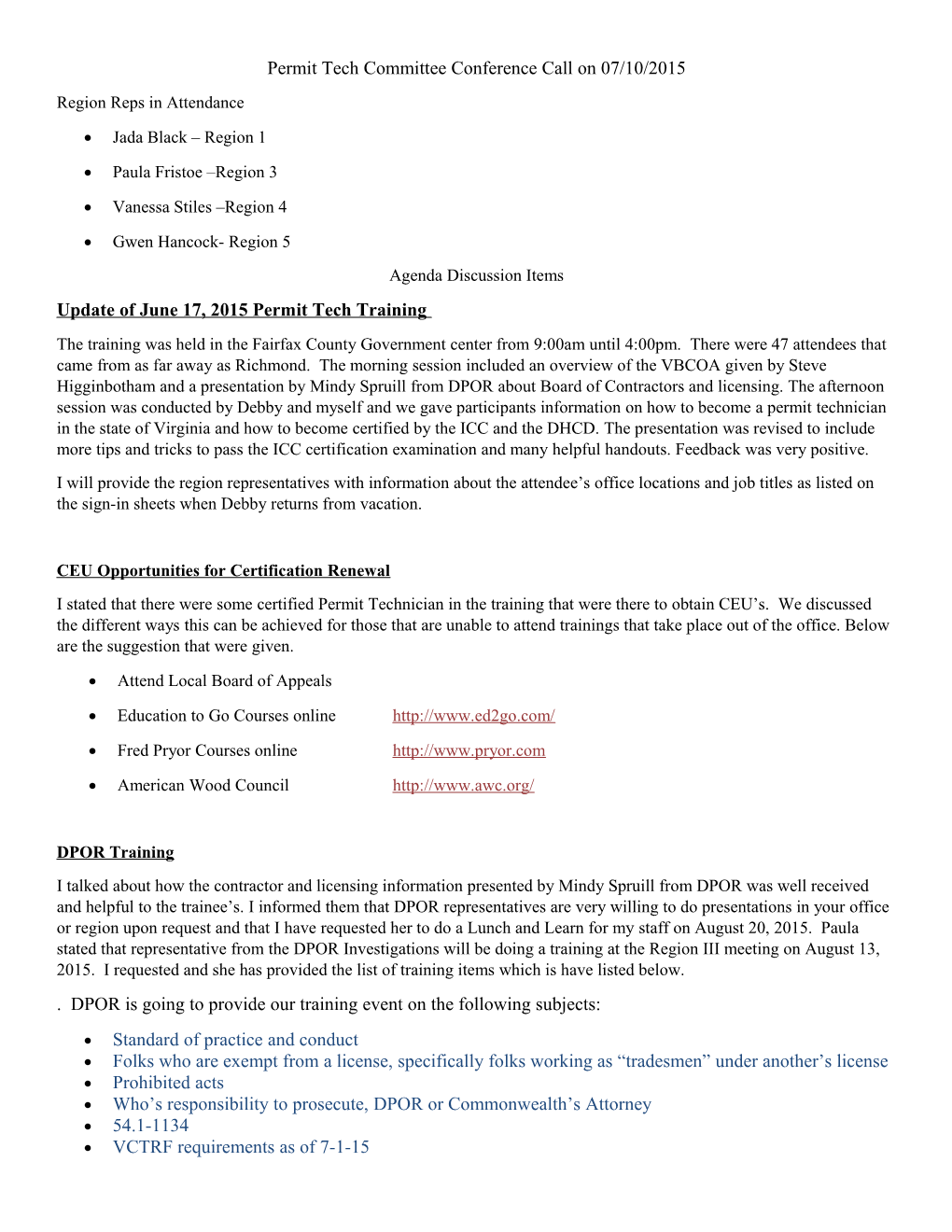 Permit Tech Committee Conference Call On07/10/2015