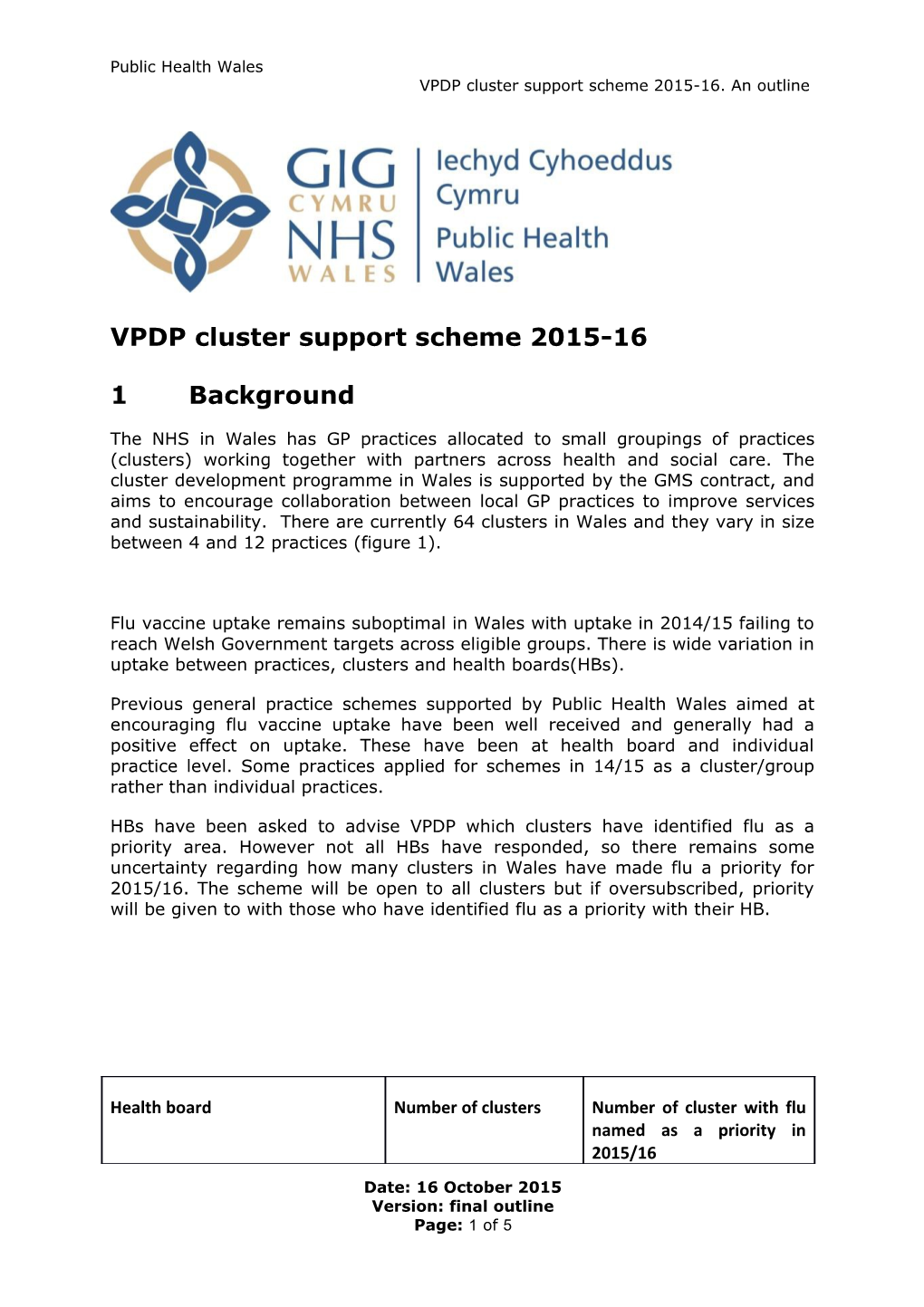VPDP Cluster Support Scheme 2015-16
