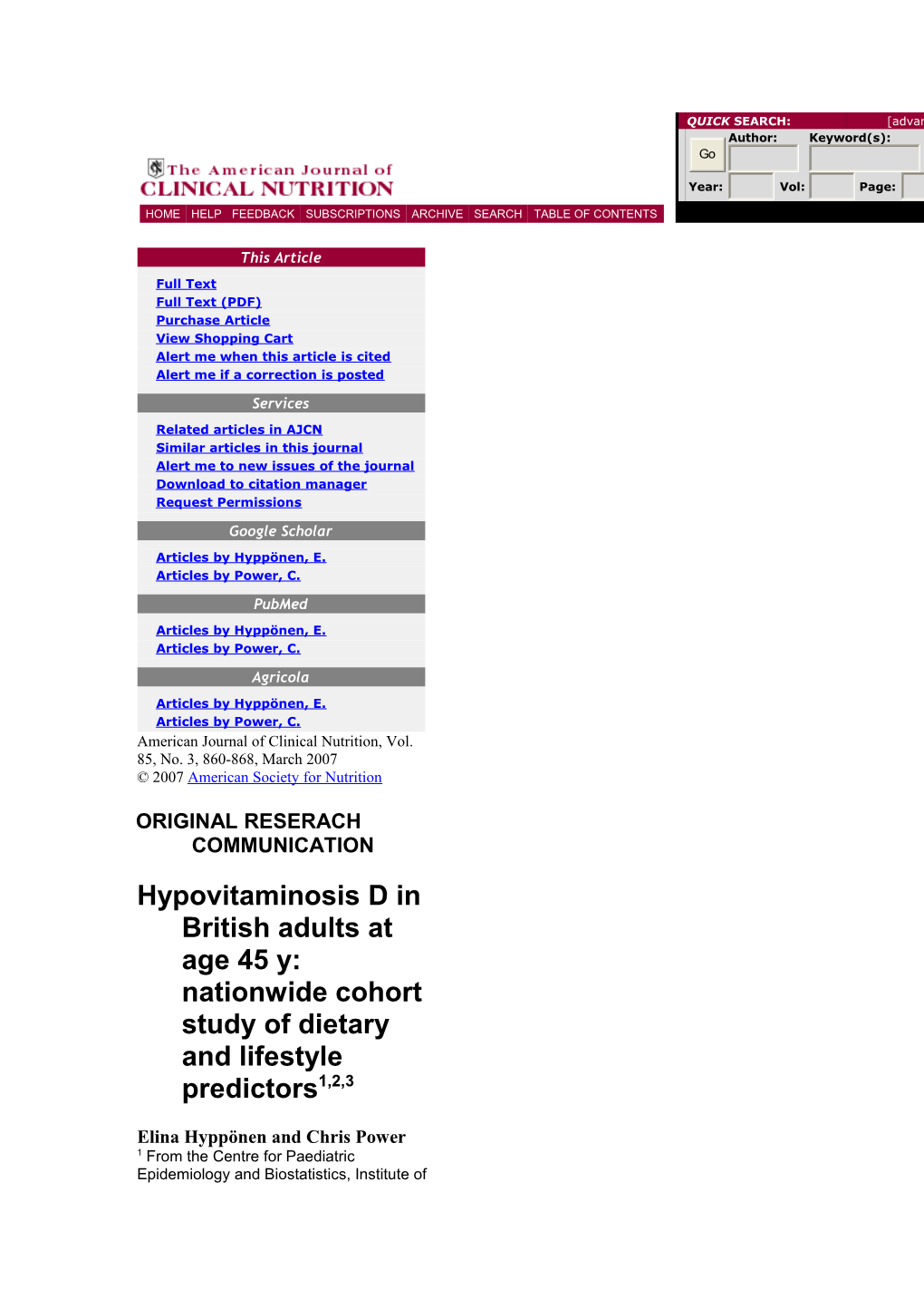 Hypovitaminosis D in British Adults at Age 45 Y: Nationwide Cohort Study of Dietary And