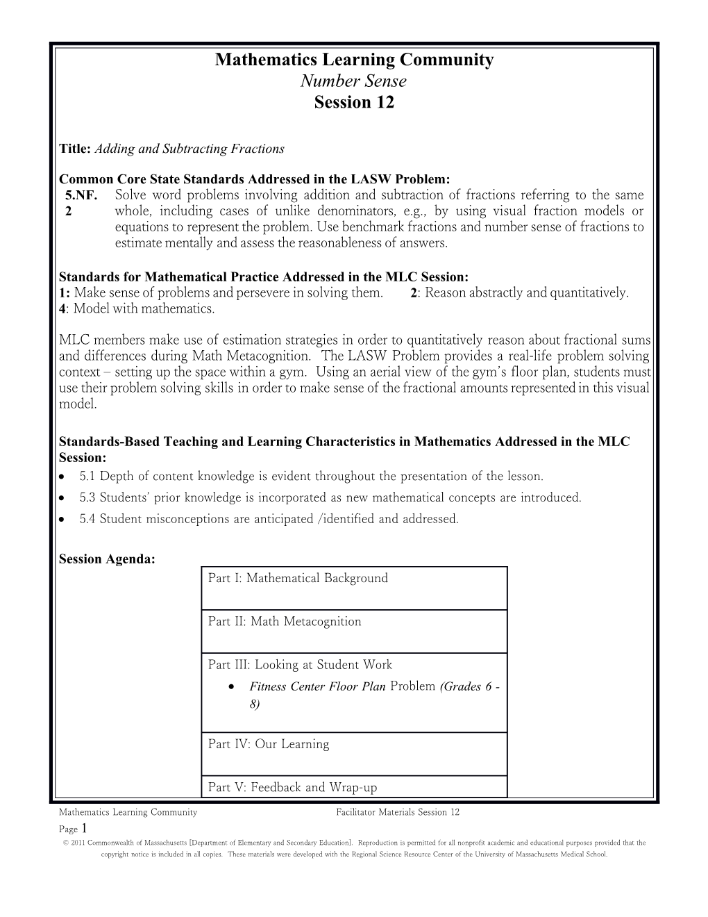 Mathematics Learning Community - Number Sense, Session 12