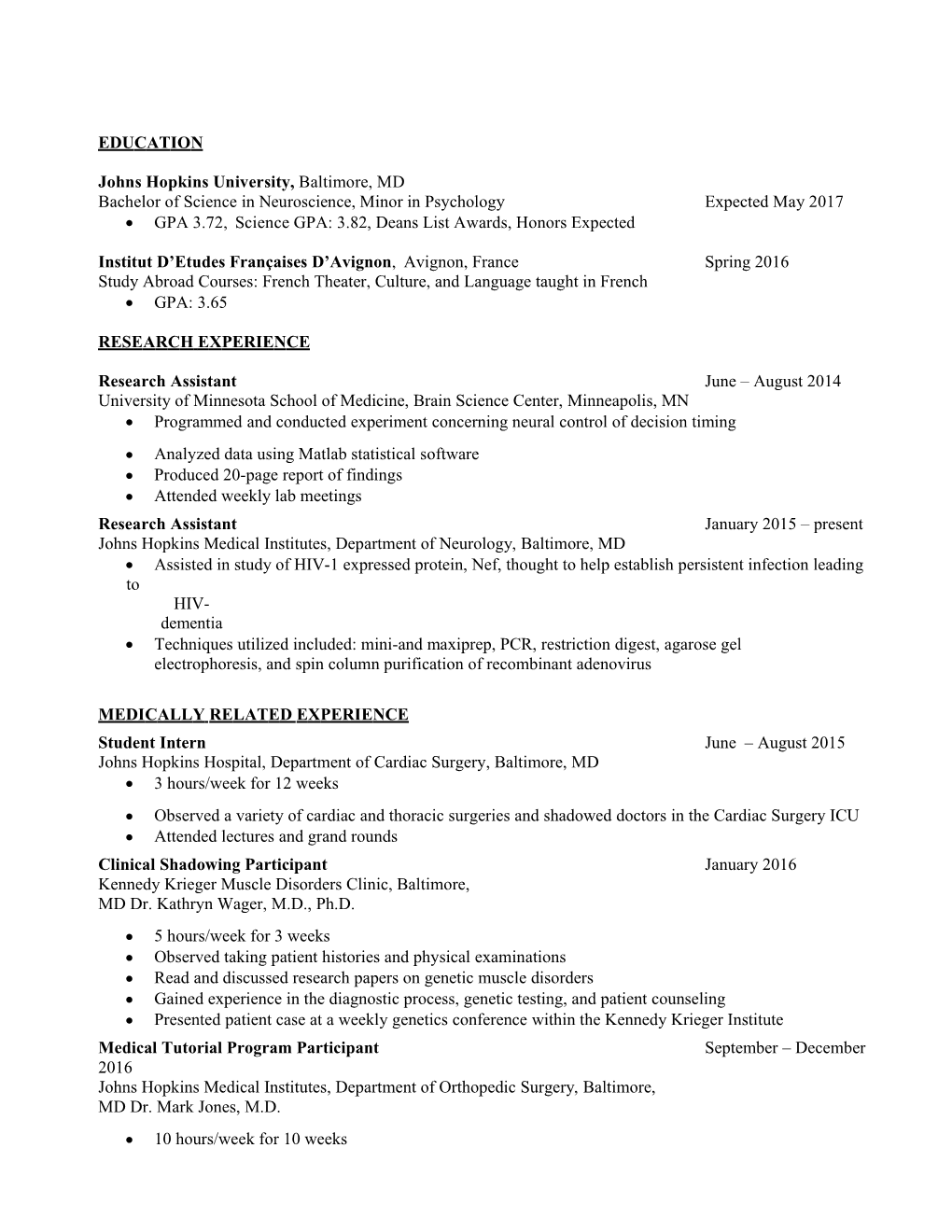 Resumes Premed Sample