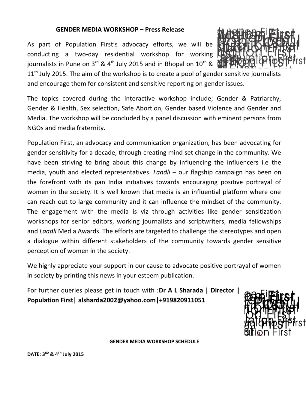 GENDER MEDIA WORKSHOP Press Release