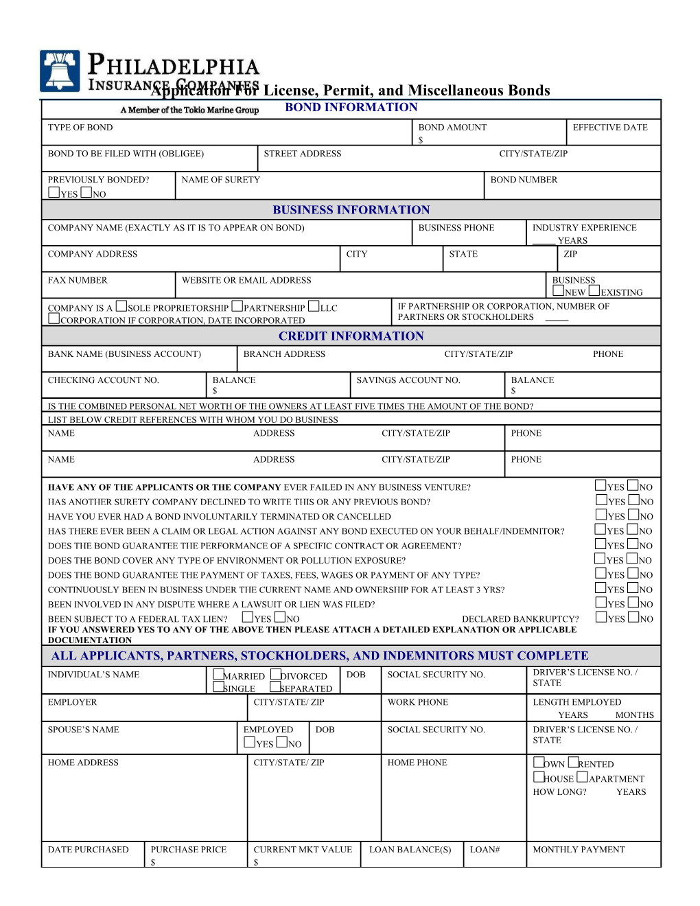 Application for License, Permit, and Miscellaneous Bonds