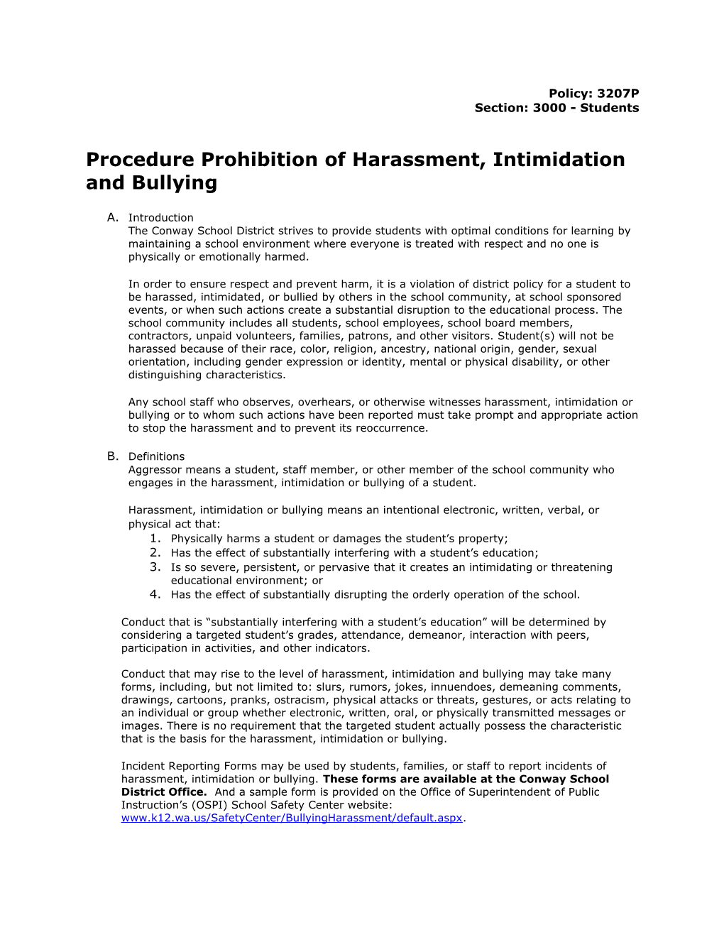 Procedure Prohibition of Harassment, Intimidation and Bullying