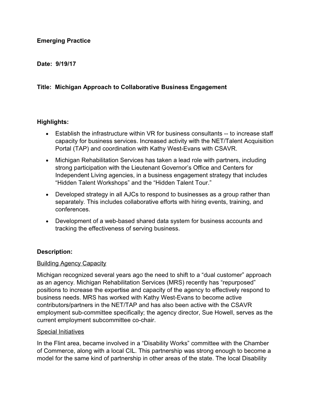 Title: Michigan Approach to Collaborative Business Engagement