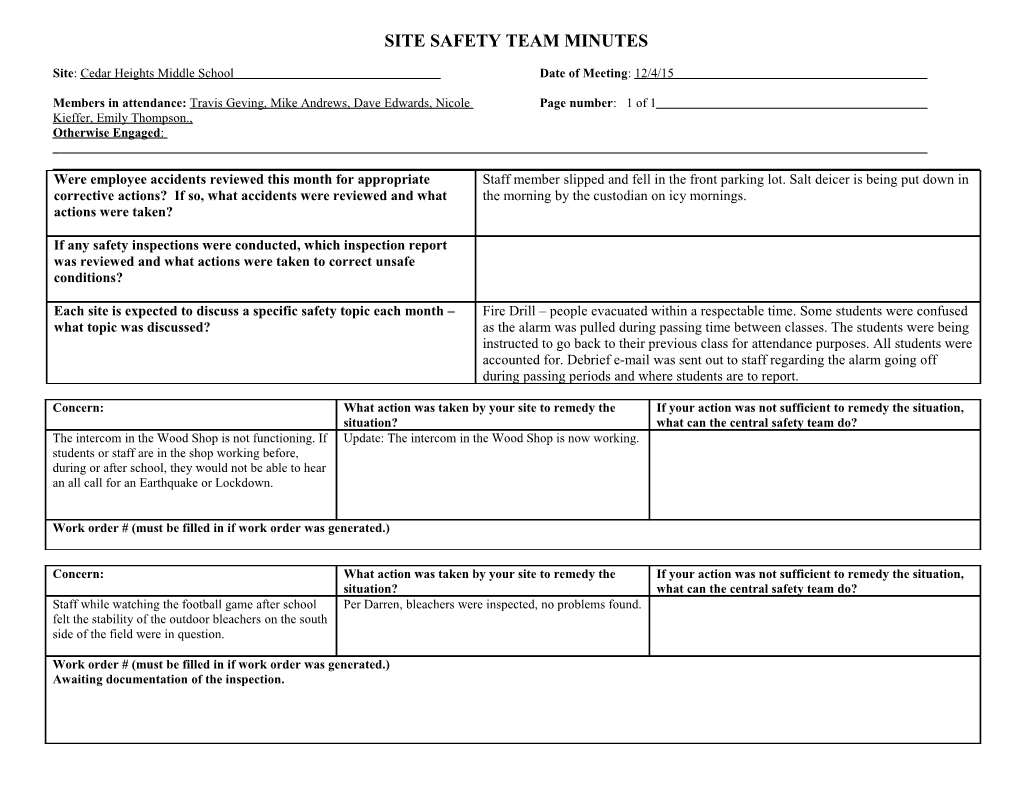 Site Safety Team Minutes