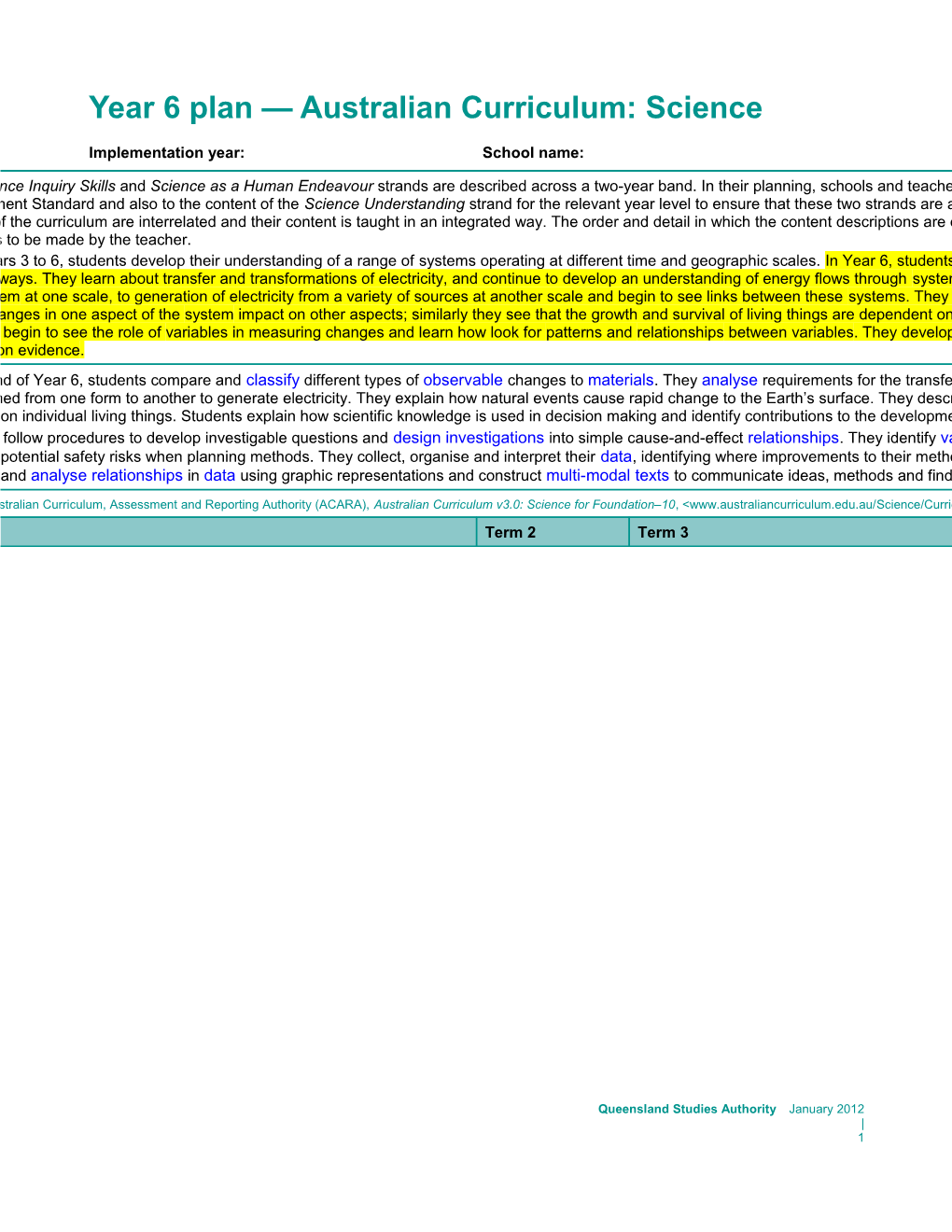 Year 6 Plan Australian Curriculum: Science