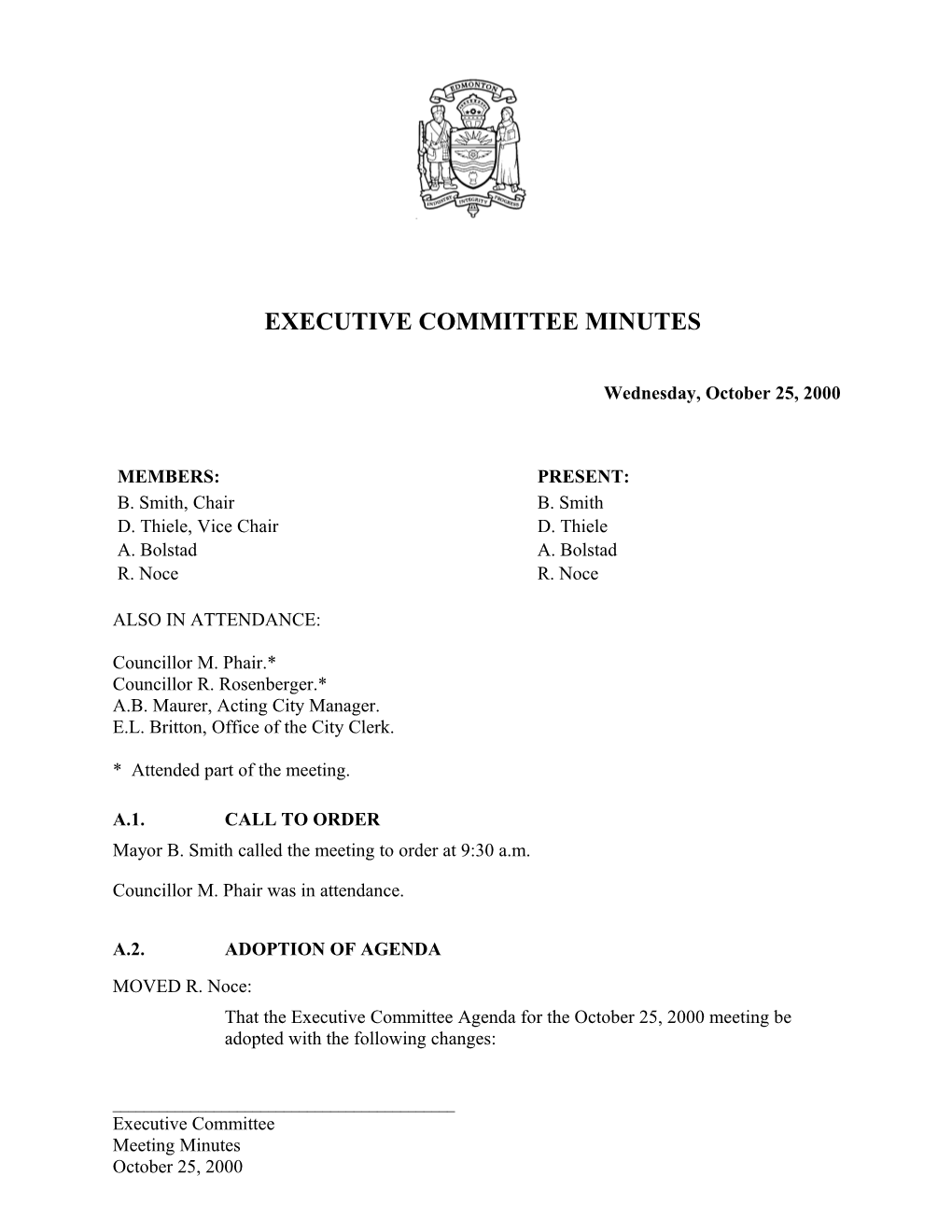 Minutes for Executive Committee October 25, 2000 Meeting