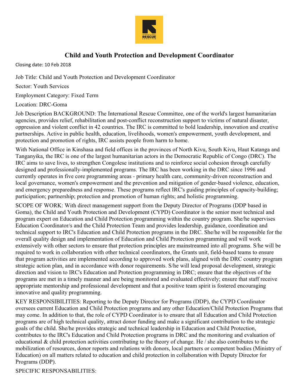 Child and Youth Protection and Development Coordinator