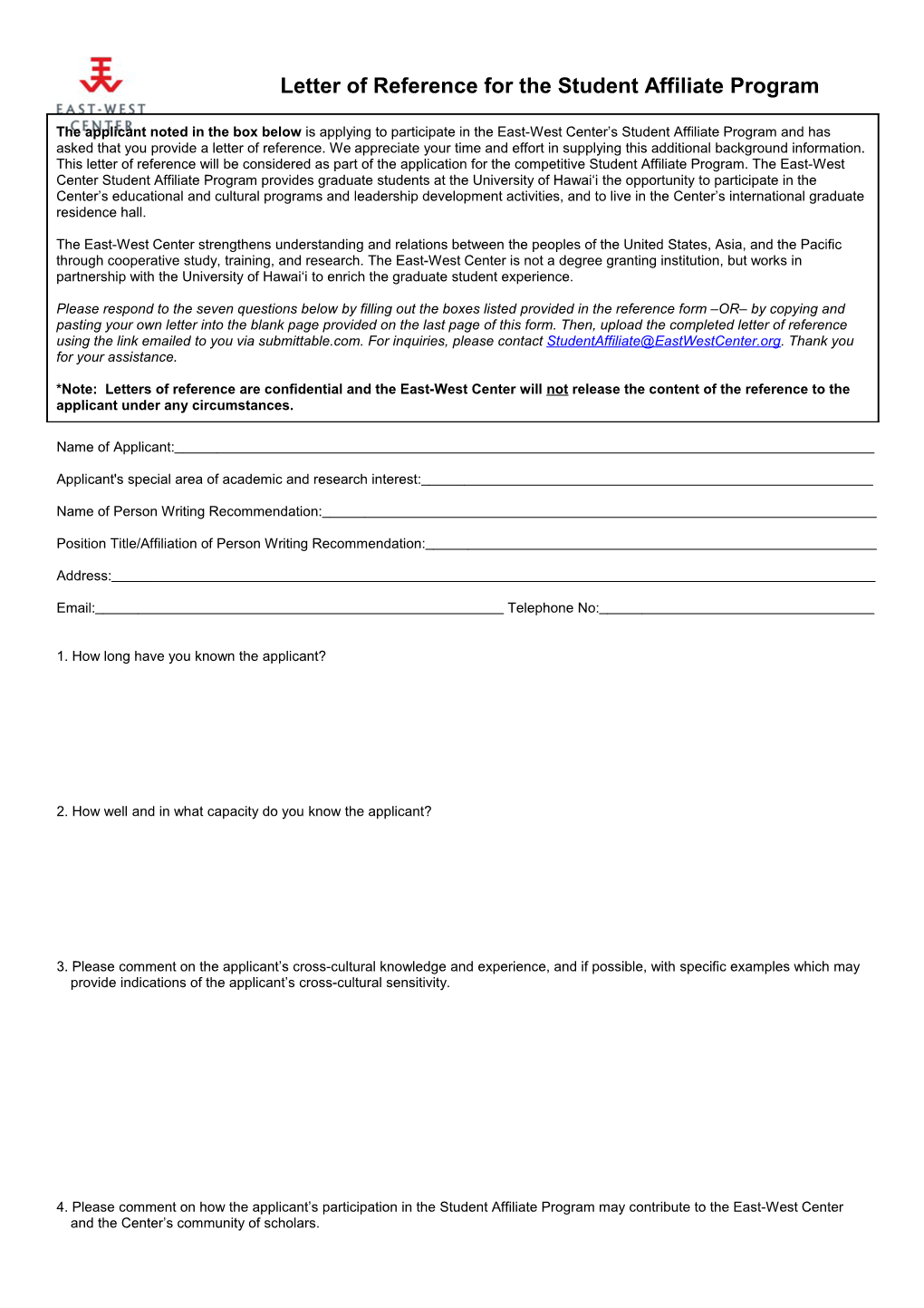 Letter of Reference for the Student Affiliate Program