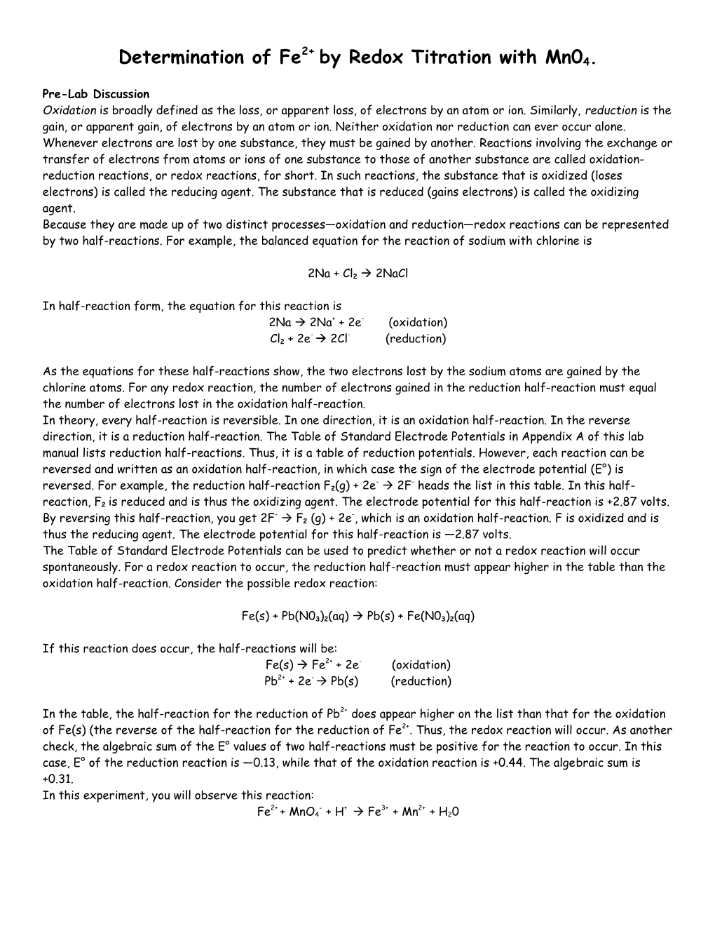 Determination of Fe2+ by Redox Titration With