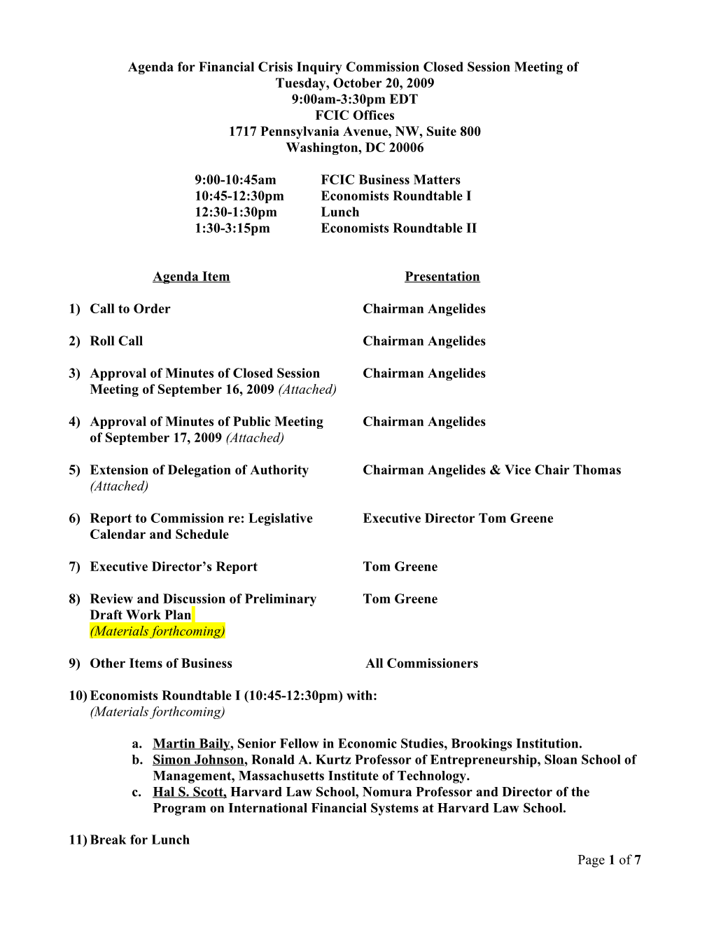Agenda for Financial Crisis Inquiry Commission Closed Sessionmeeting Of