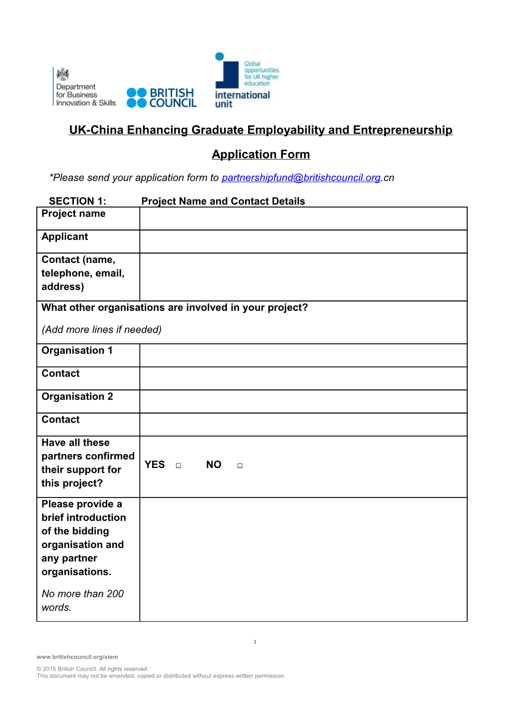 UK-China Partnership Innovation Challenge Fund Application Form