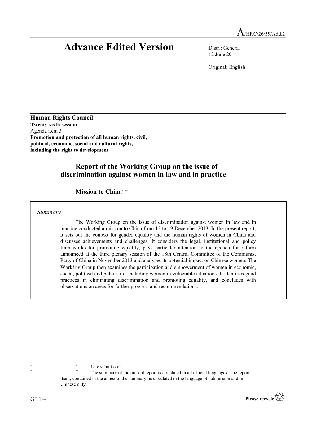 Report of the Working Group on the Issue of Discrimination Against Women in Law - Mission