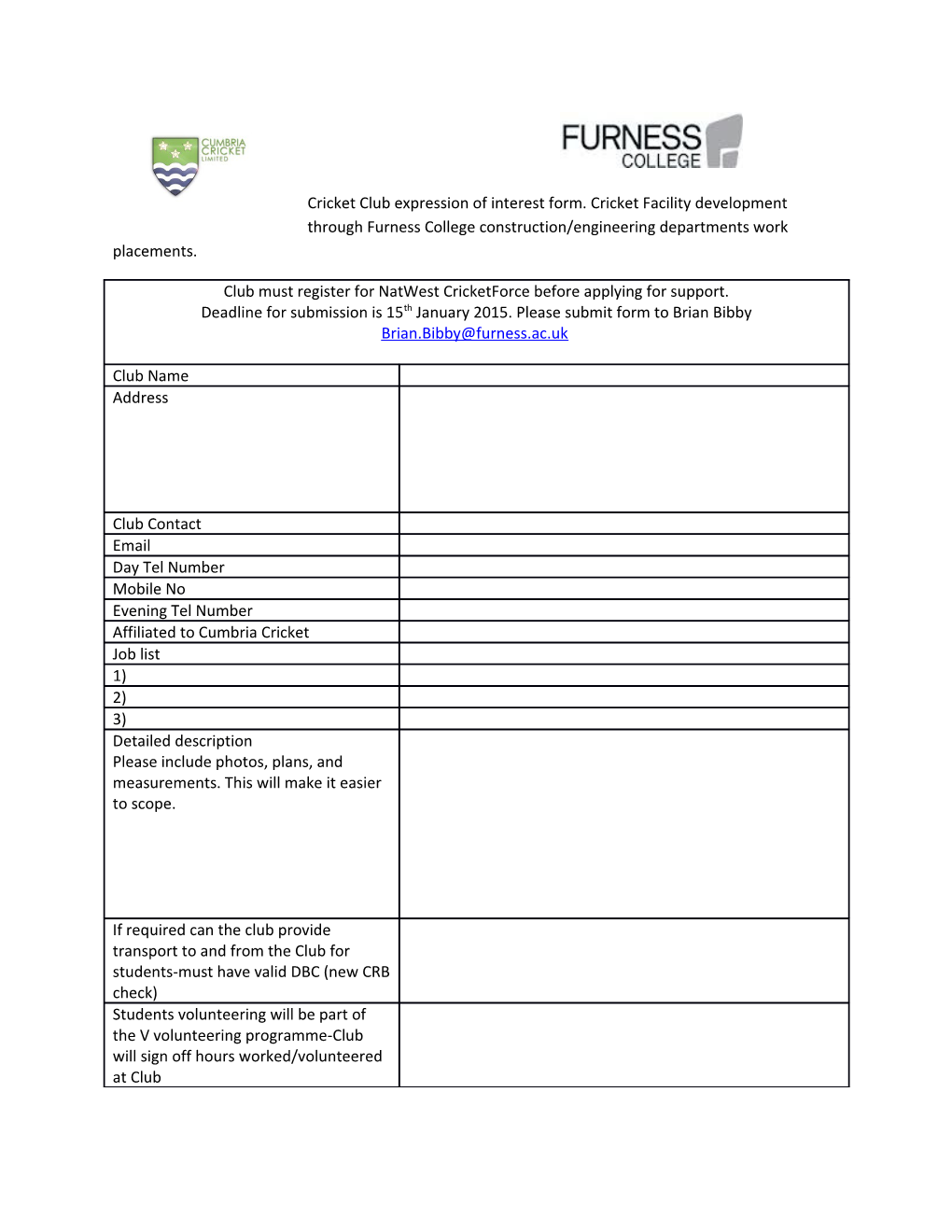 Cricket Club Expression of Interest Form. Cricket Facility Development Through Furness