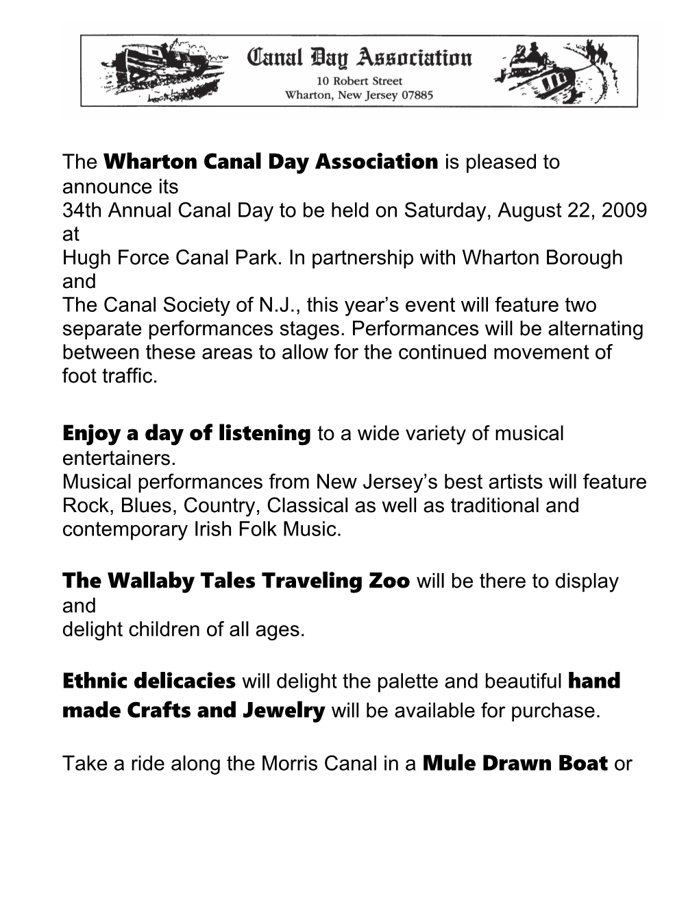The Wharton Canal Day Association Is Pleased to Announce Its