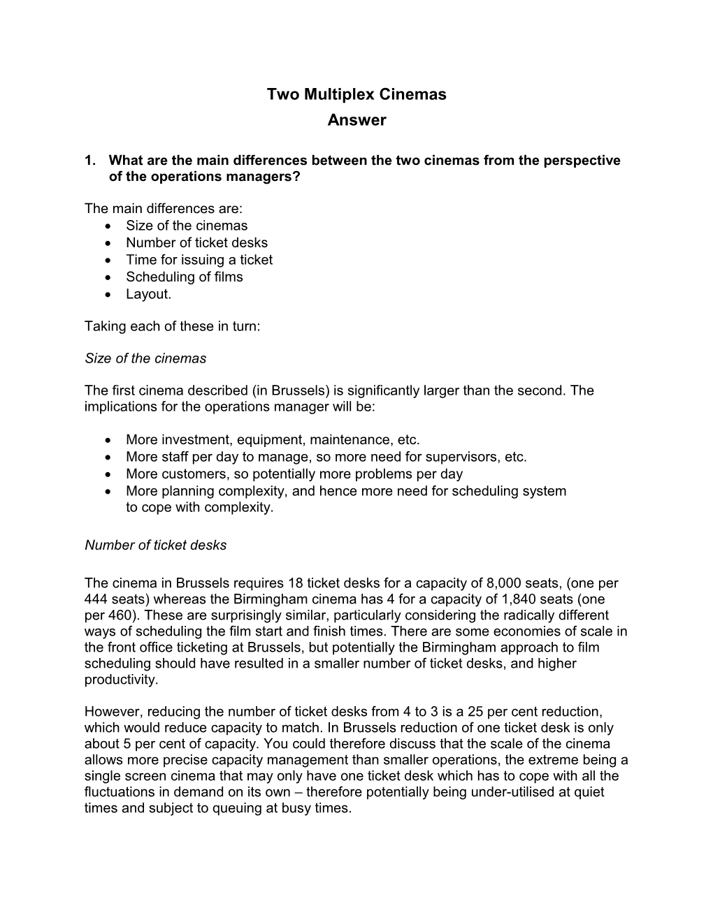 Operations Management - Notes - Two Multiplex Cinemas