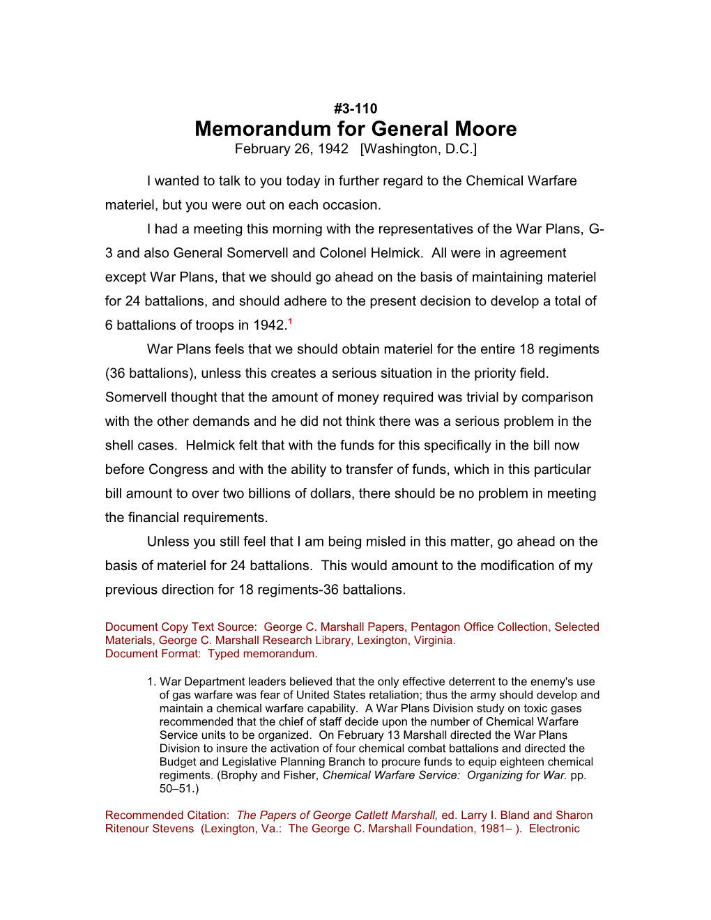 Memorandum for General Moore