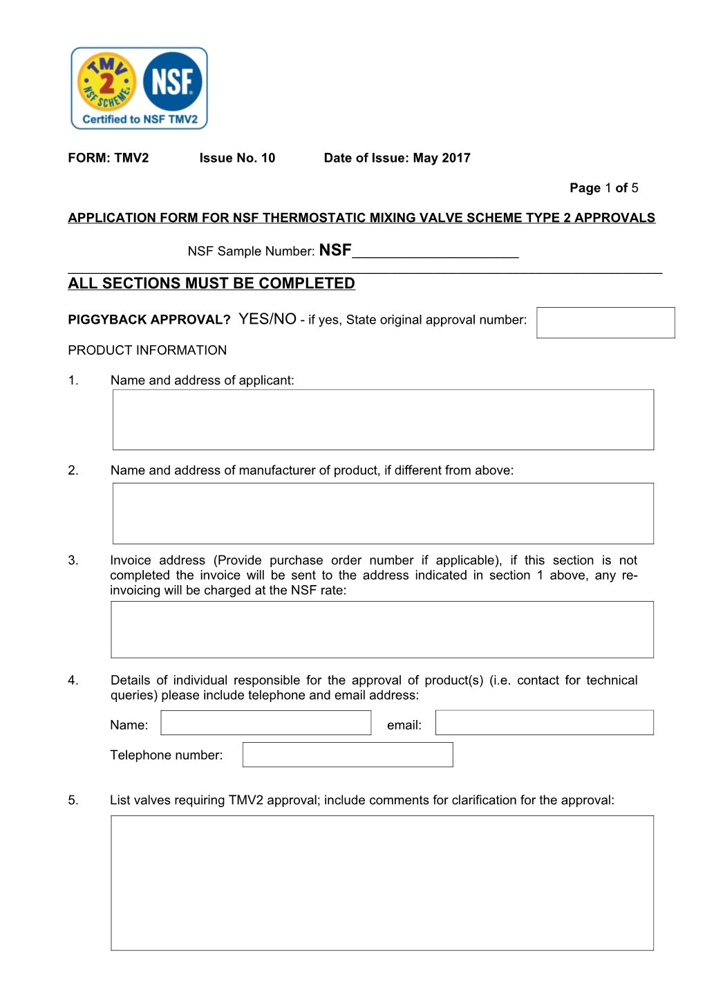 Application Form for Nsf Thermostatic Mixing Valve Scheme Type 2 Approvals