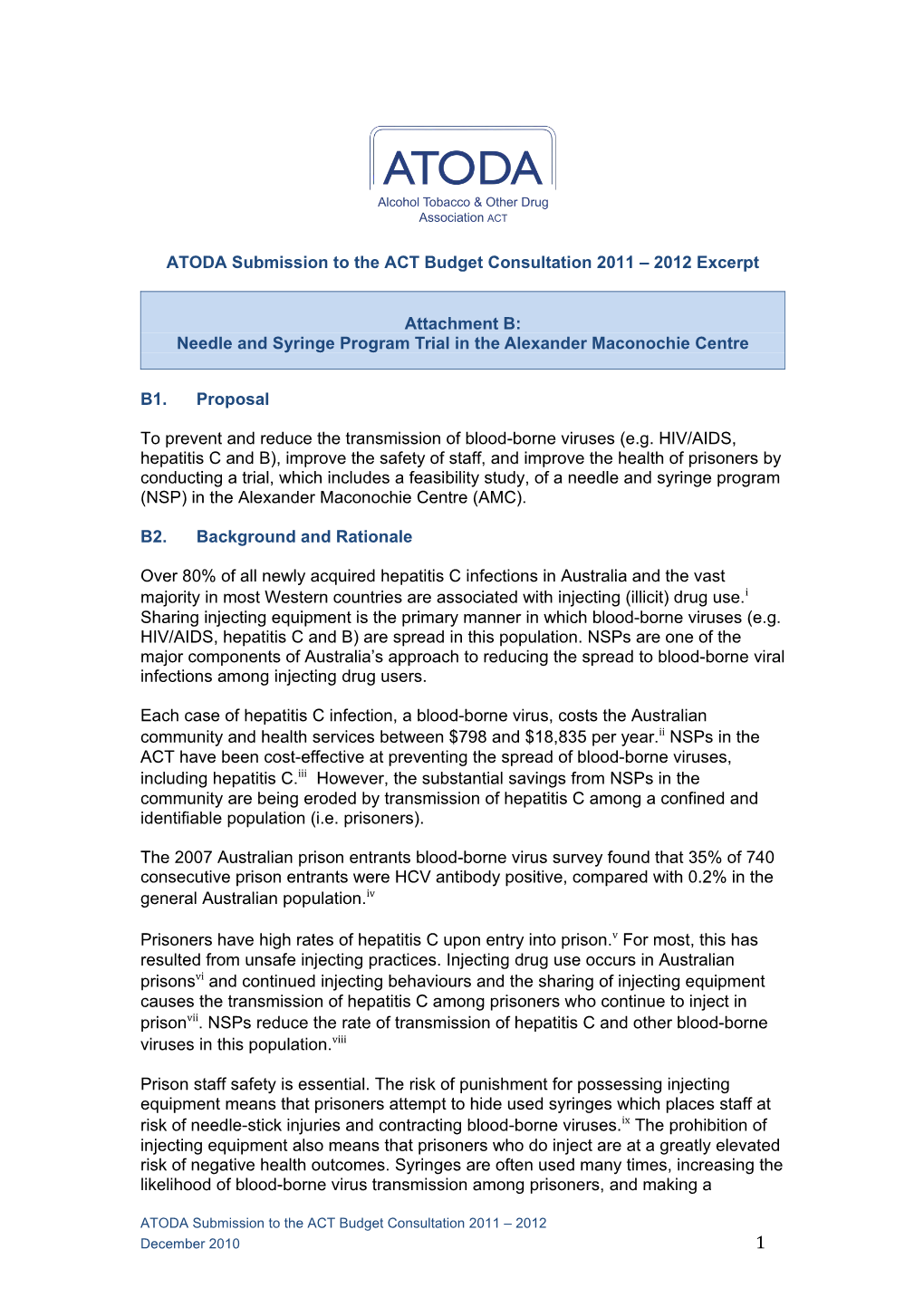 ATODA Submission to the ACT Budget Consultation 2011 2012 Excerpt