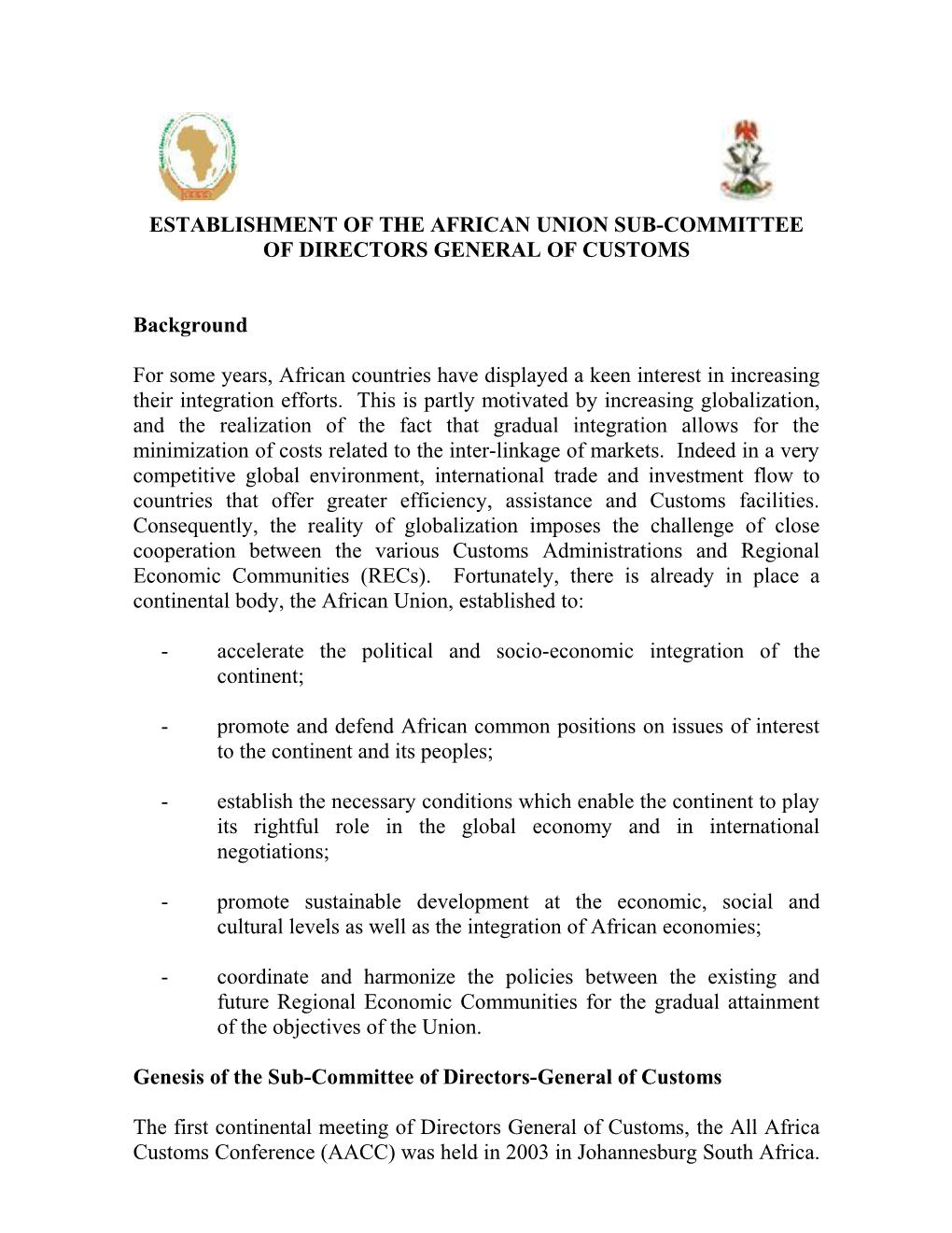Establishment of the Africvan Union Sub-Committee of Directors General of Customs