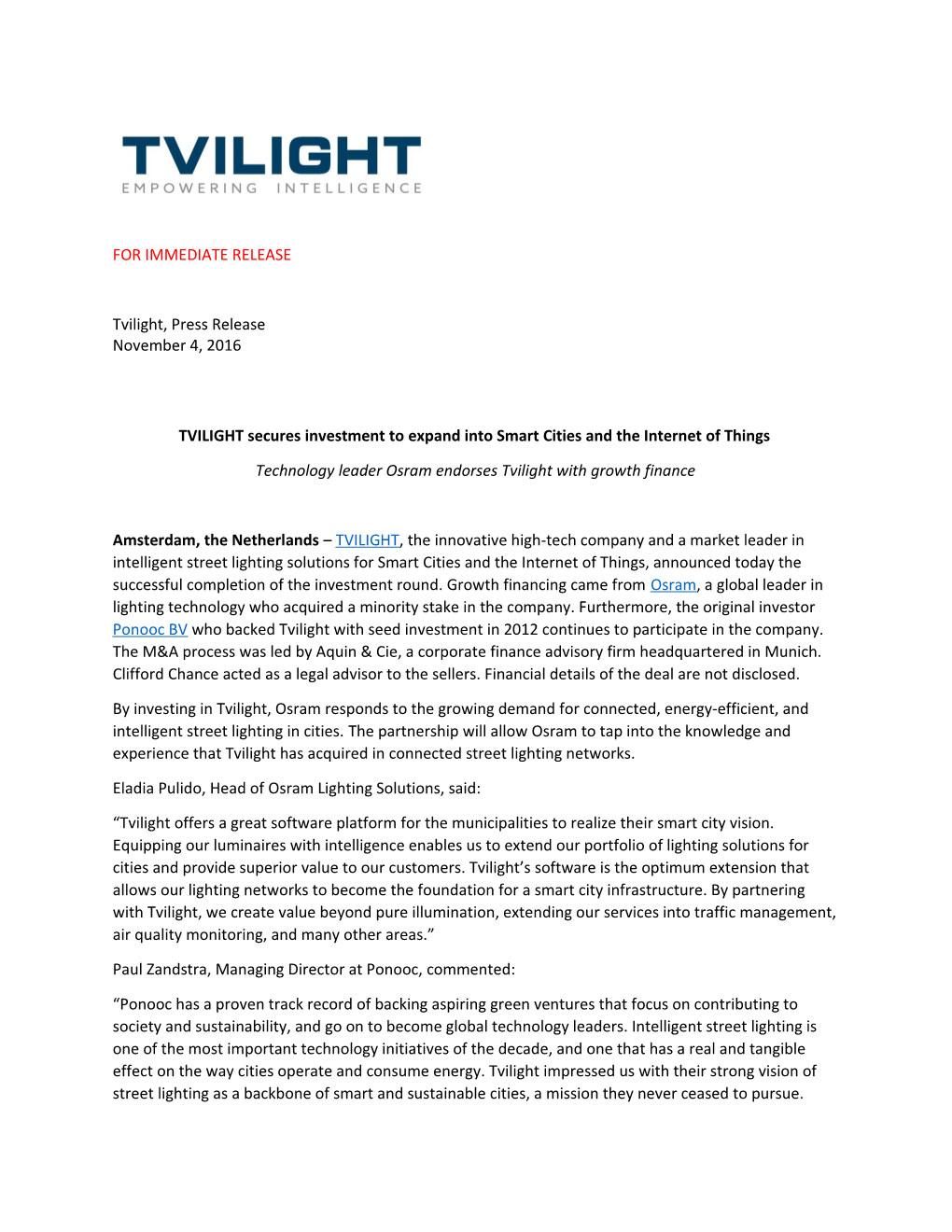 TVILIGHT Secures Investment to Expand Into Smart Cities and the Internet of Things