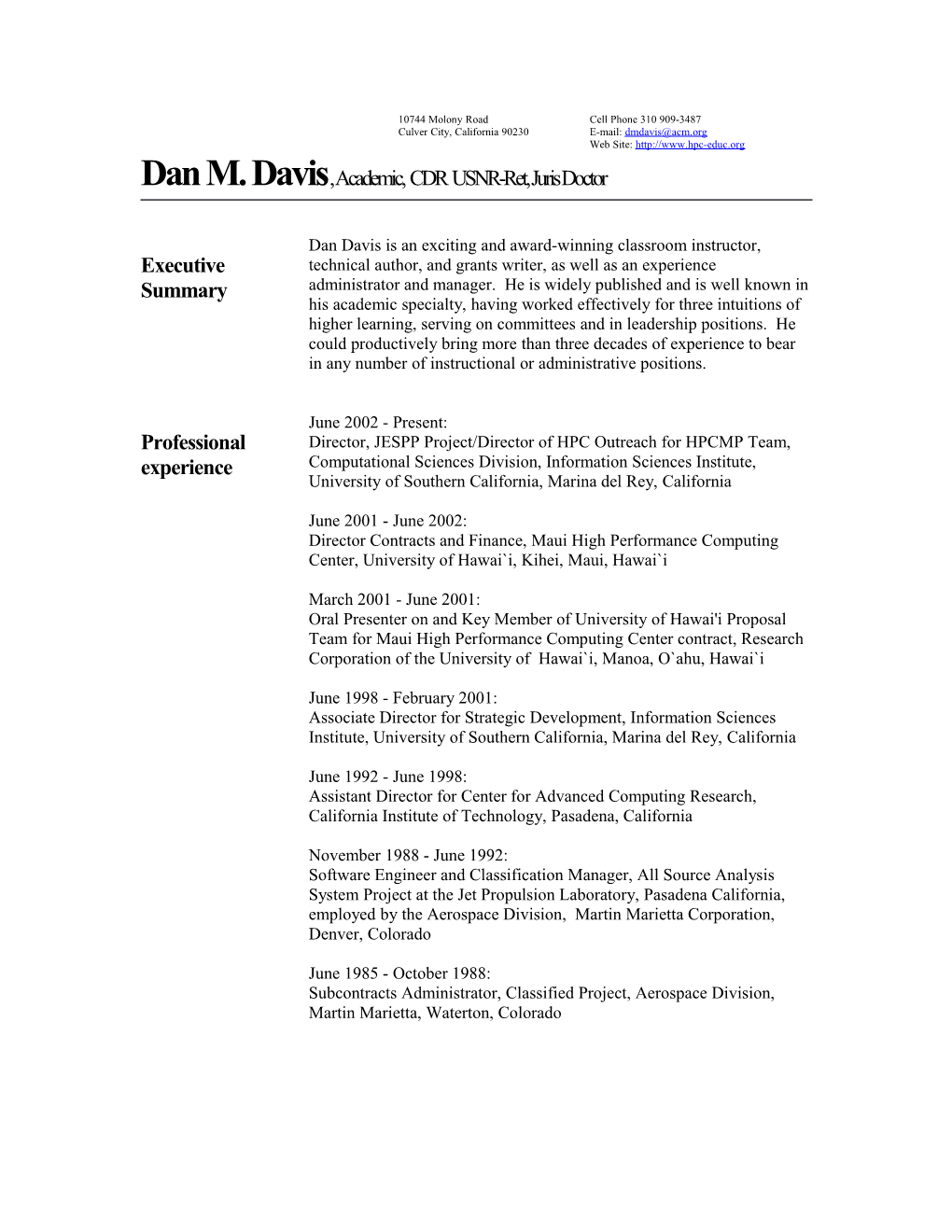 Resume for Mark C. Davis