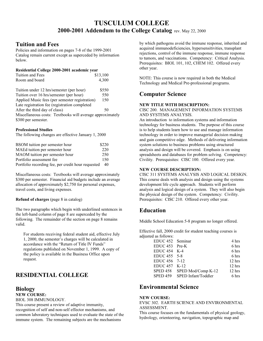 Residential College 2000-2001 Academic Year