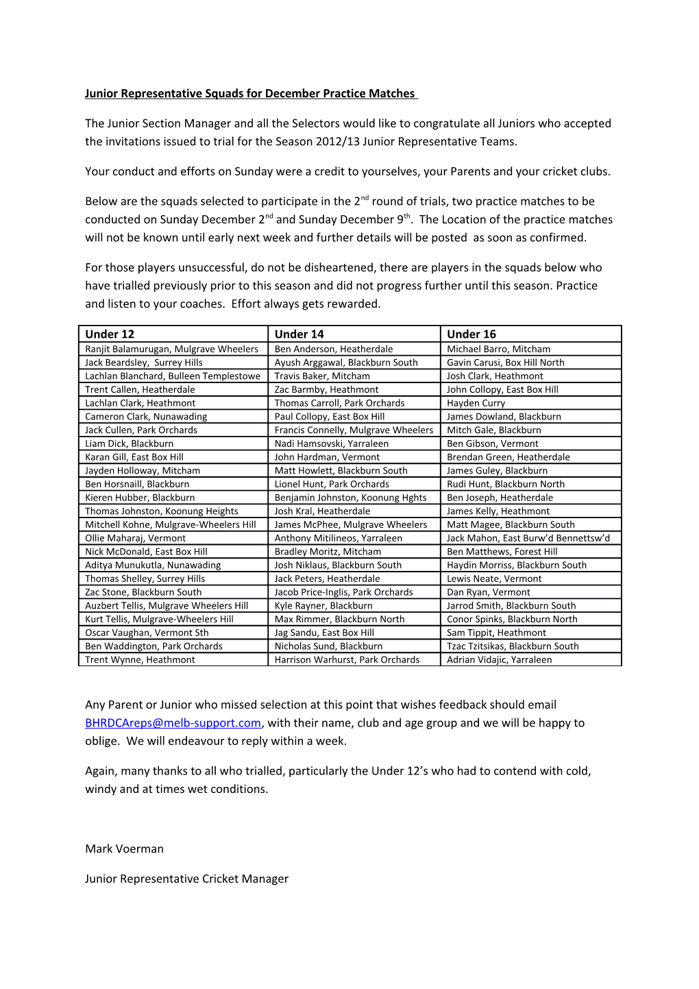 Junior Representative Squads for December Practice Matches