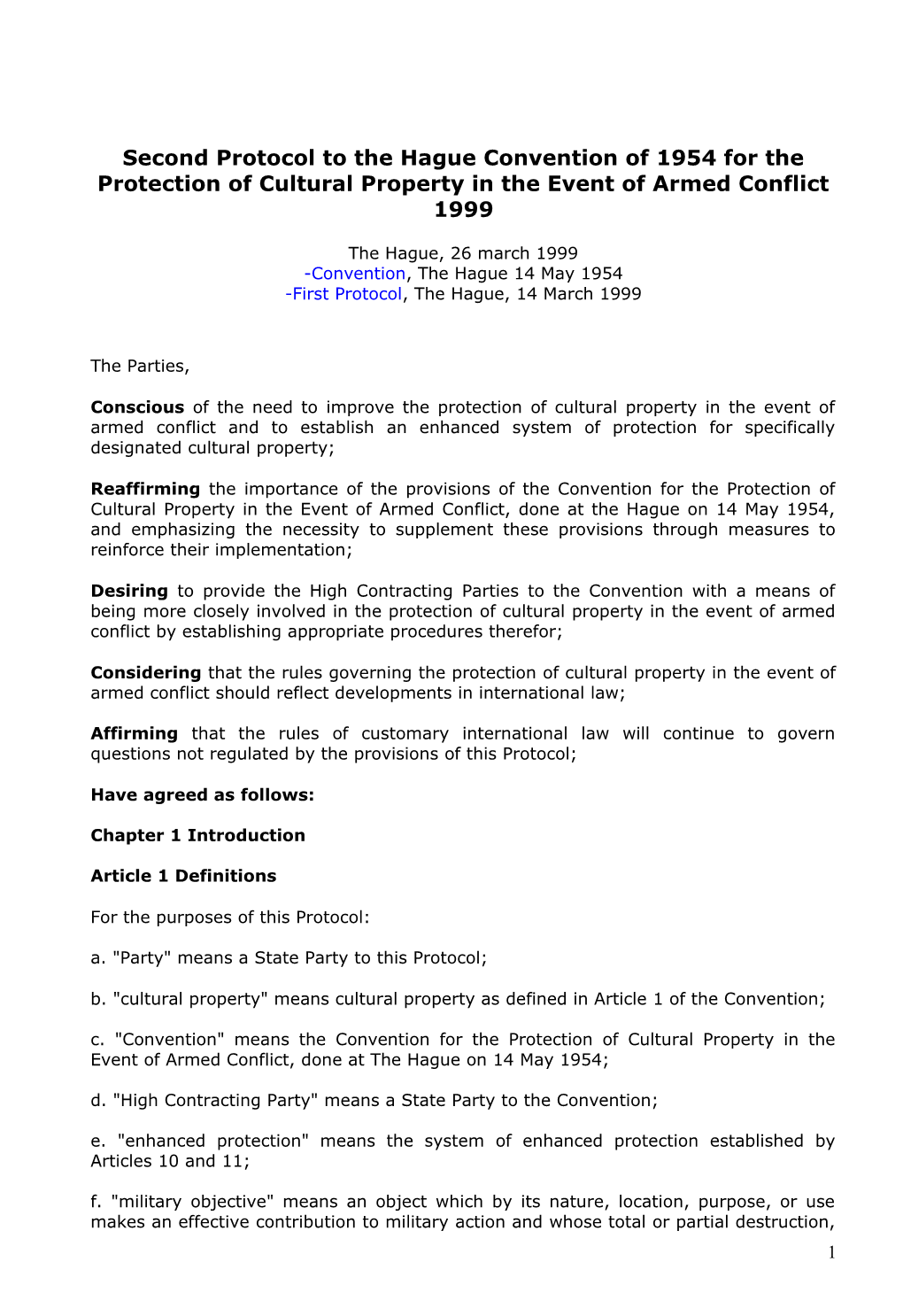 Second Protocol to the Hague Convention of 1954 for the Protection of Cultural Property