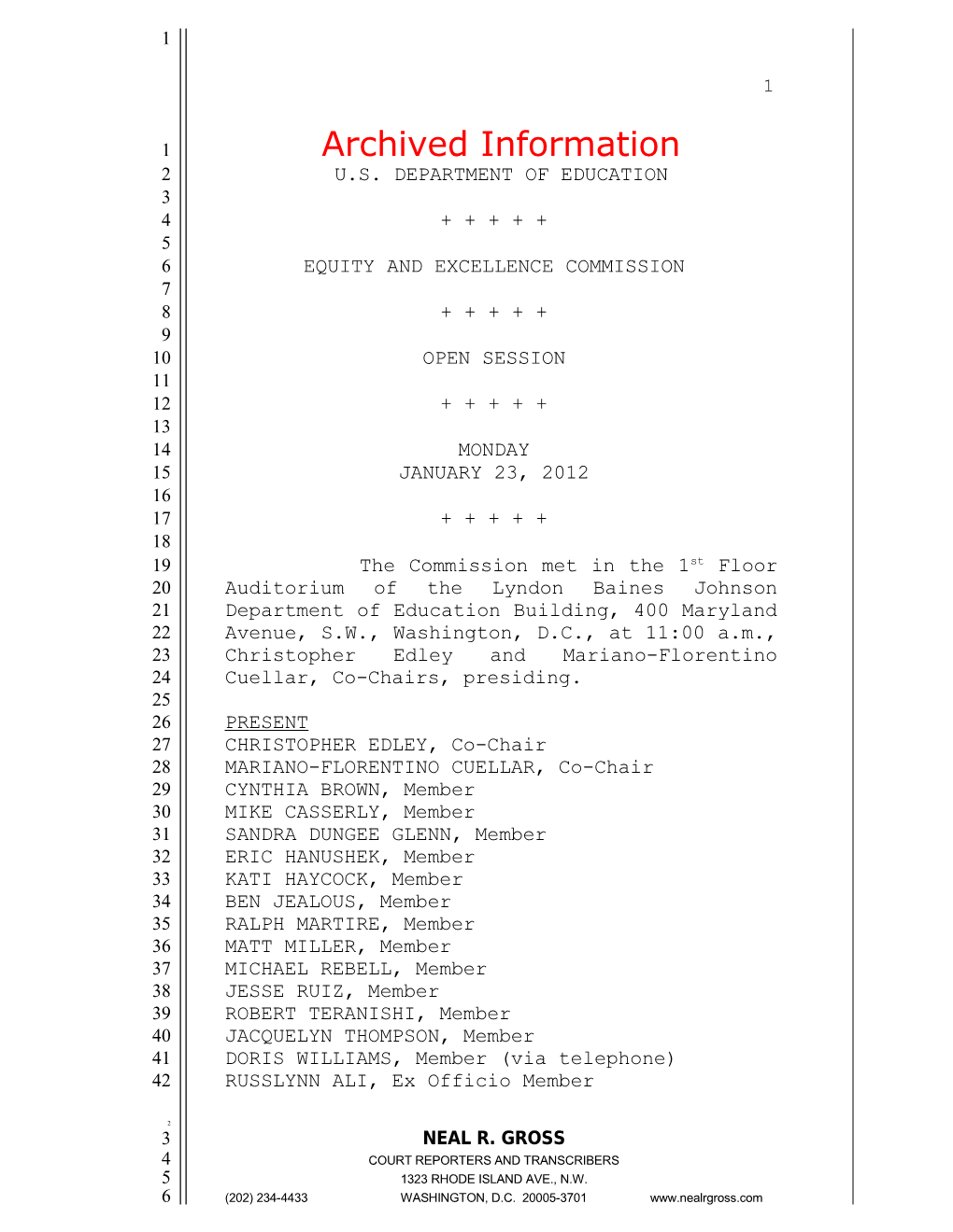 Archived Informatio: Transcript of January 23, 2012 Equity and Excellence Commission Meeting