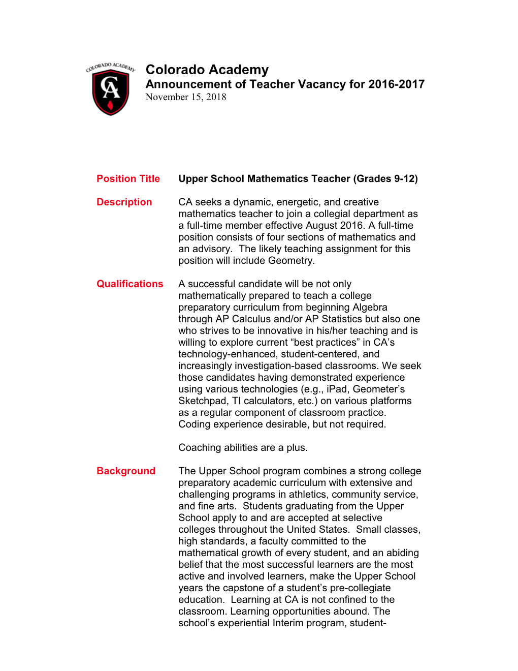 Announcement of Teacher Vacancy for 2016-2017
