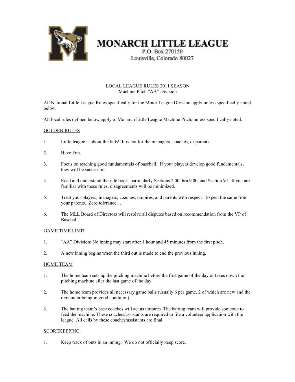 Local League Rules 2011 Season