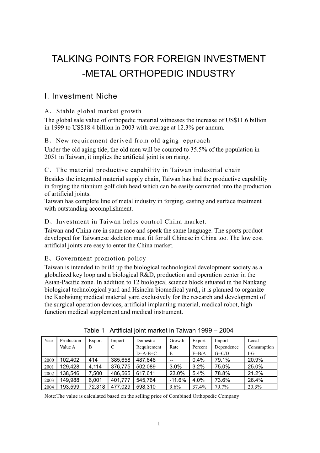 Talking Points for Foreign Investment -Metal Orthopedic Industry