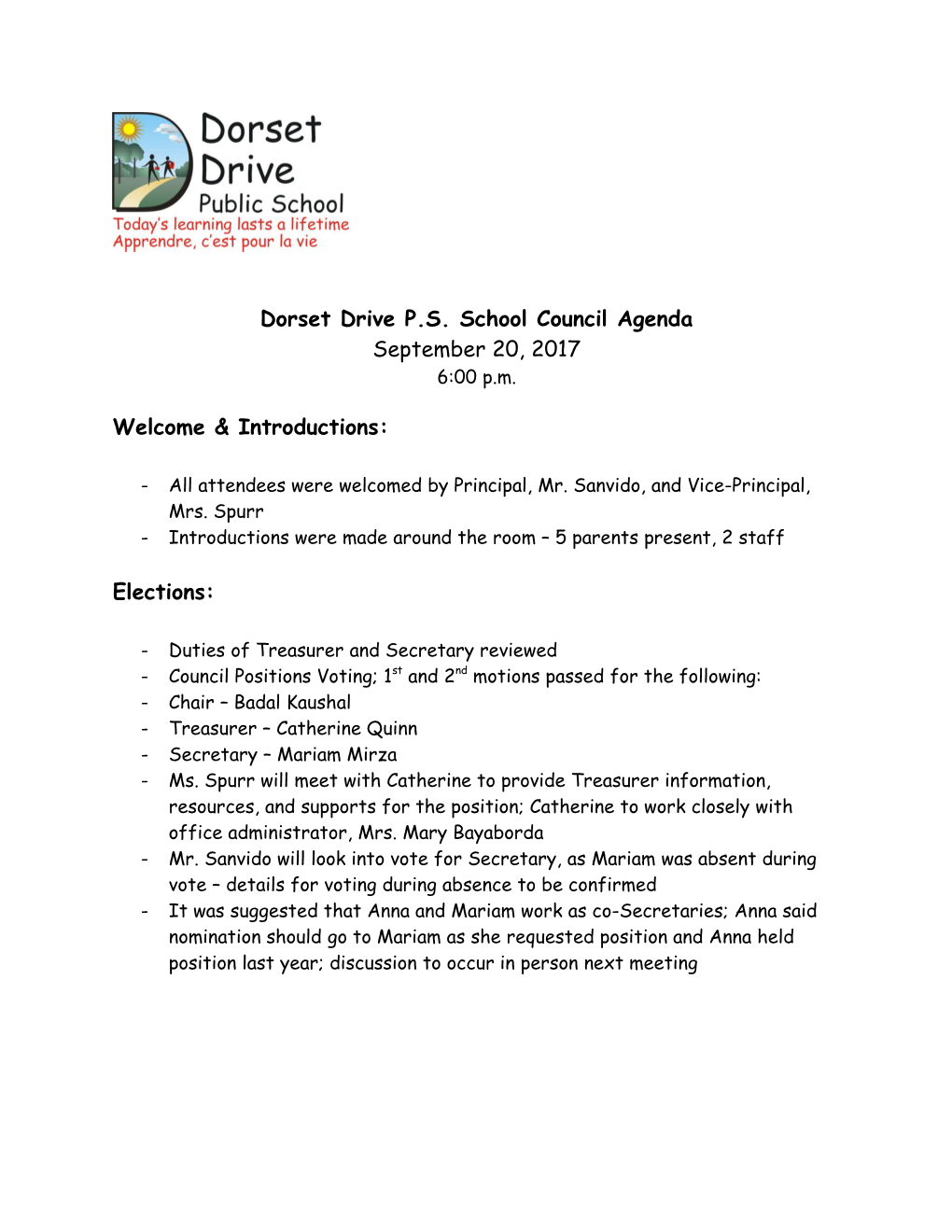 Dorset Drive P.S. School Council Agenda