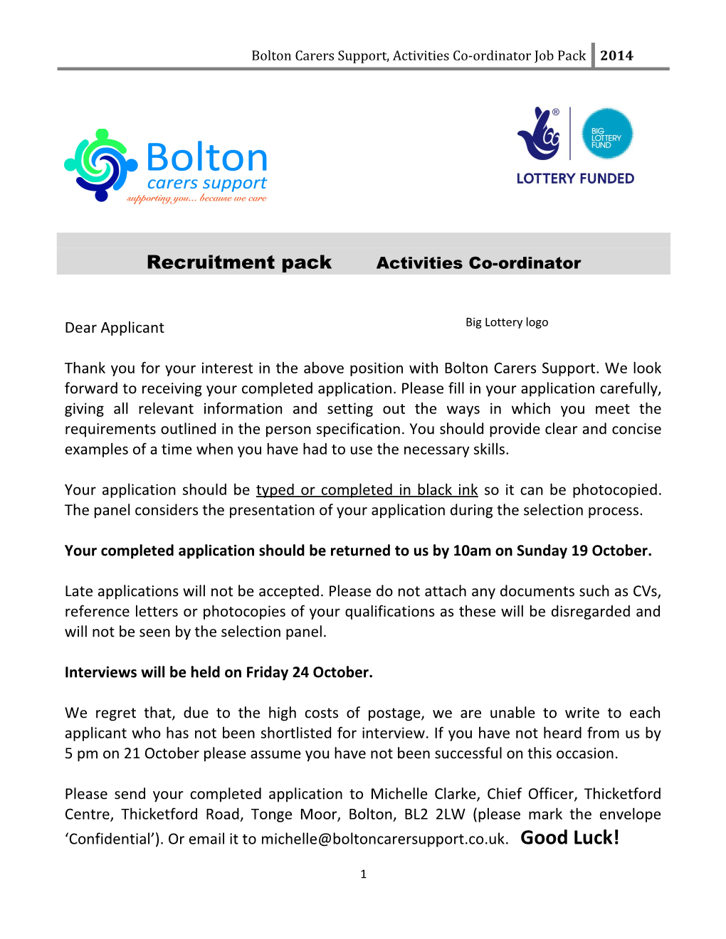 Bolton Carers Support, Activities Co-Ordinator Job Pack