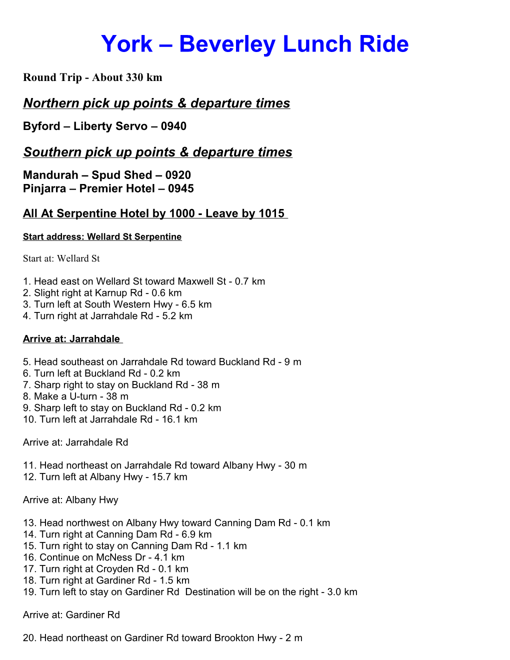 Northern Pick up Points & Departure Times