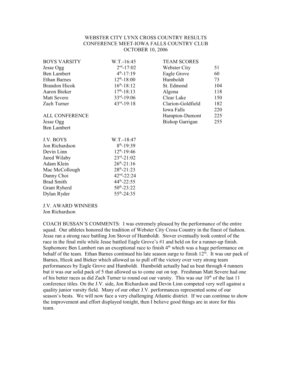 Webster City Lynx Cross Country Results