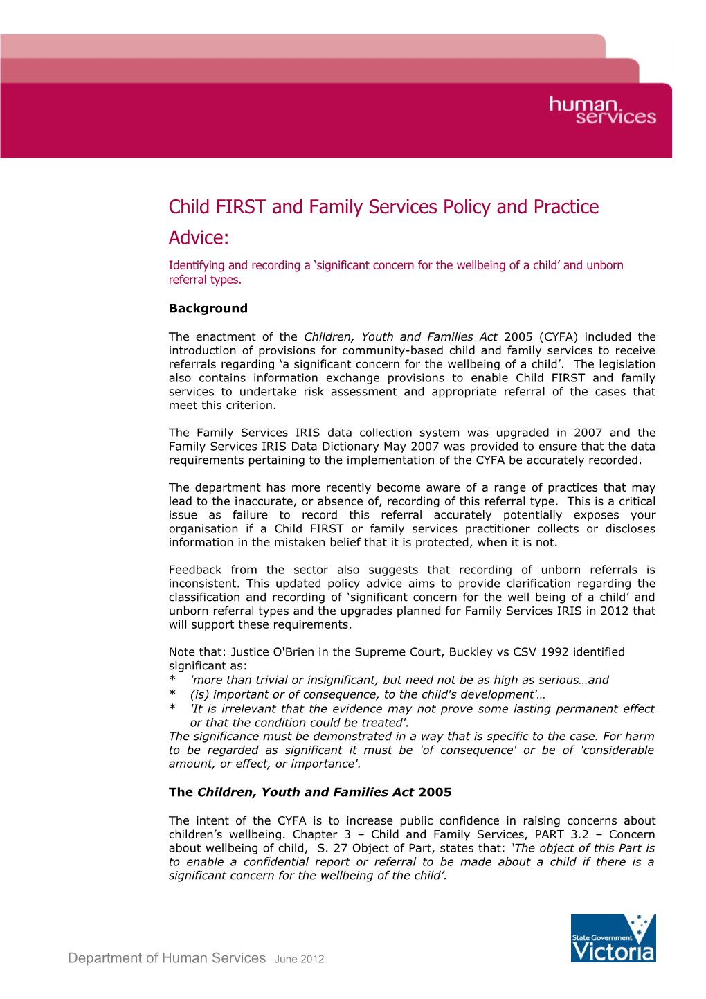 Child FIRST and Family Services Policy and Practice Advice
