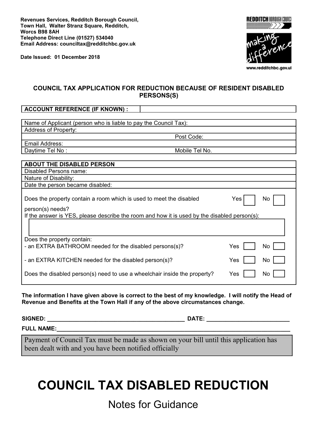 Council Tax Application for Reduction Because of Resident Disabled Persons(S)
