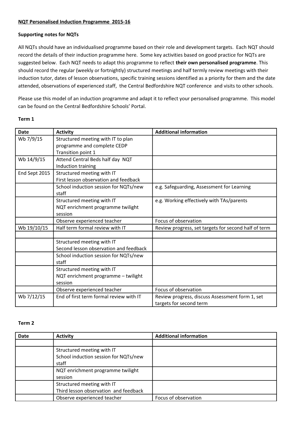 NQT Personalised Induction Programme 2015-16