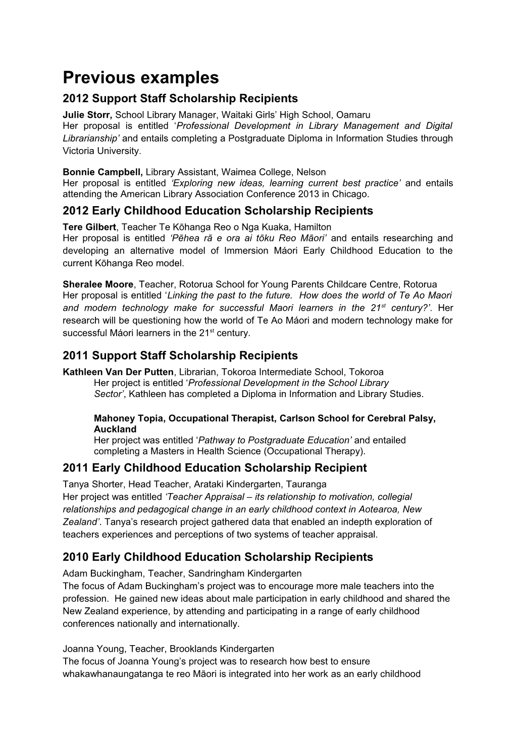 2012 Support Staff Scholarship Recipients